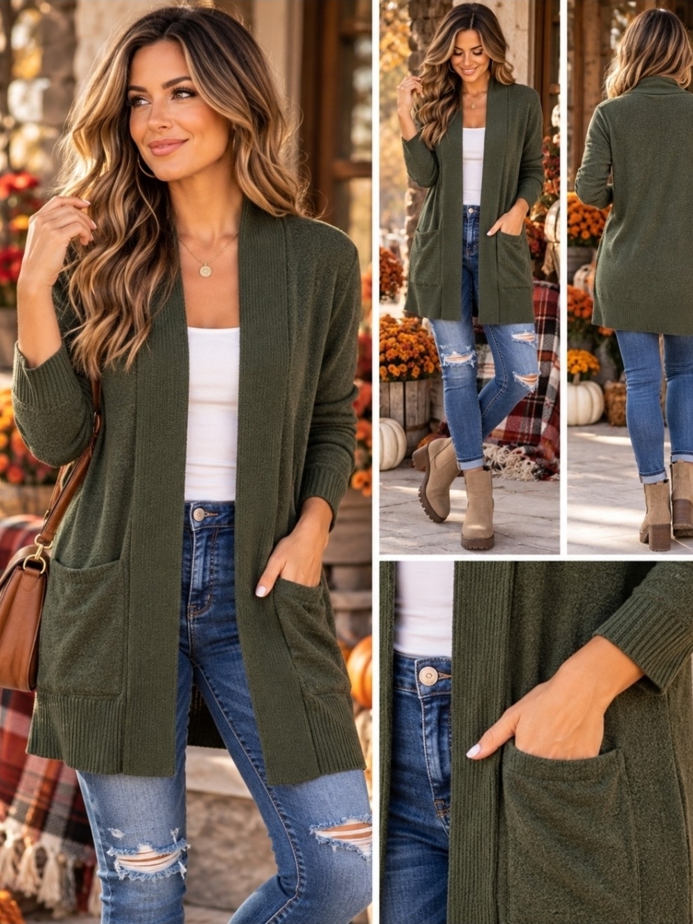 Fall- Bobeau Olive Open-Front Pocket Cardigan
